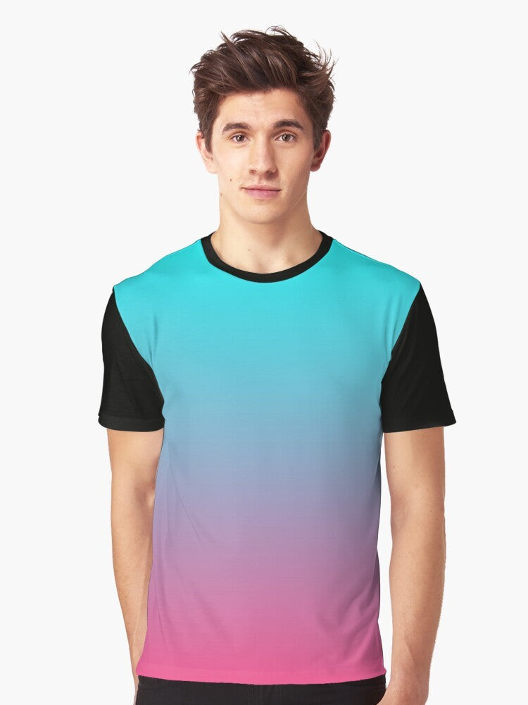 Gradient pink and aqua graphic t-shirt with a pastel aesthetic design - Men