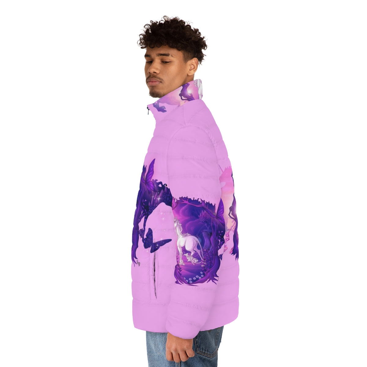 The Last Unicorn Puffer Jacket featuring the magical unicorn Amalthea - men side left