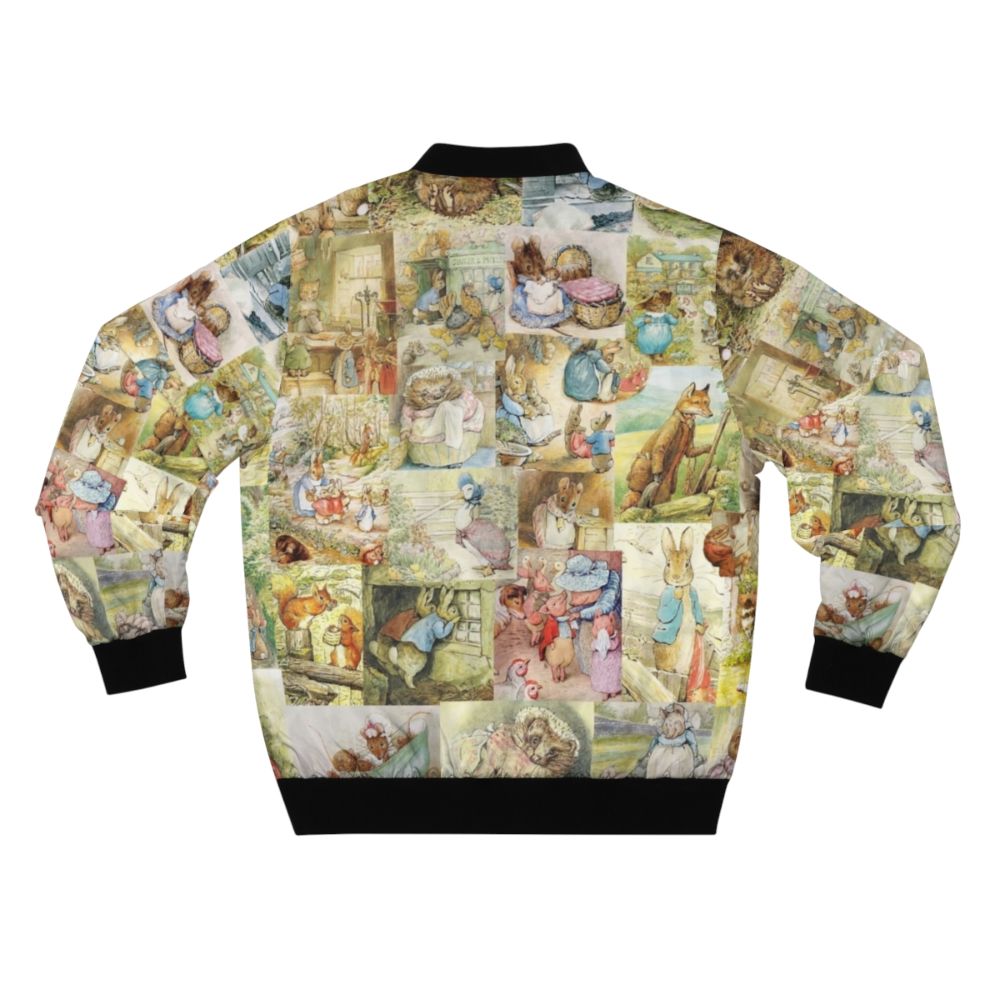 Beatrix Potter inspired collage bomber jacket featuring characters like Peter Rabbit, Cottontail, Flopsy, and Jemima Puddle Duck - Back