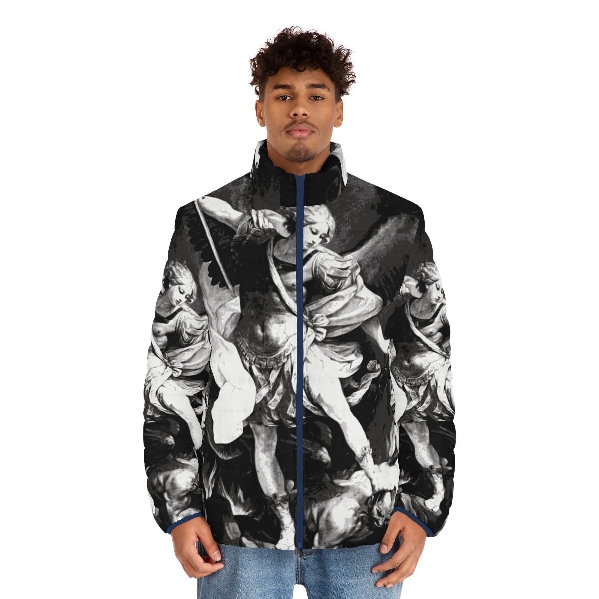 Saint Michael Archangel Puffer Jacket featuring the heavenly warrior's iconic image - men front