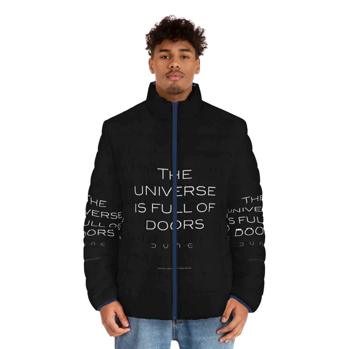 A puffer jacket featuring a cosmic space design inspired by the Dune movie - men front