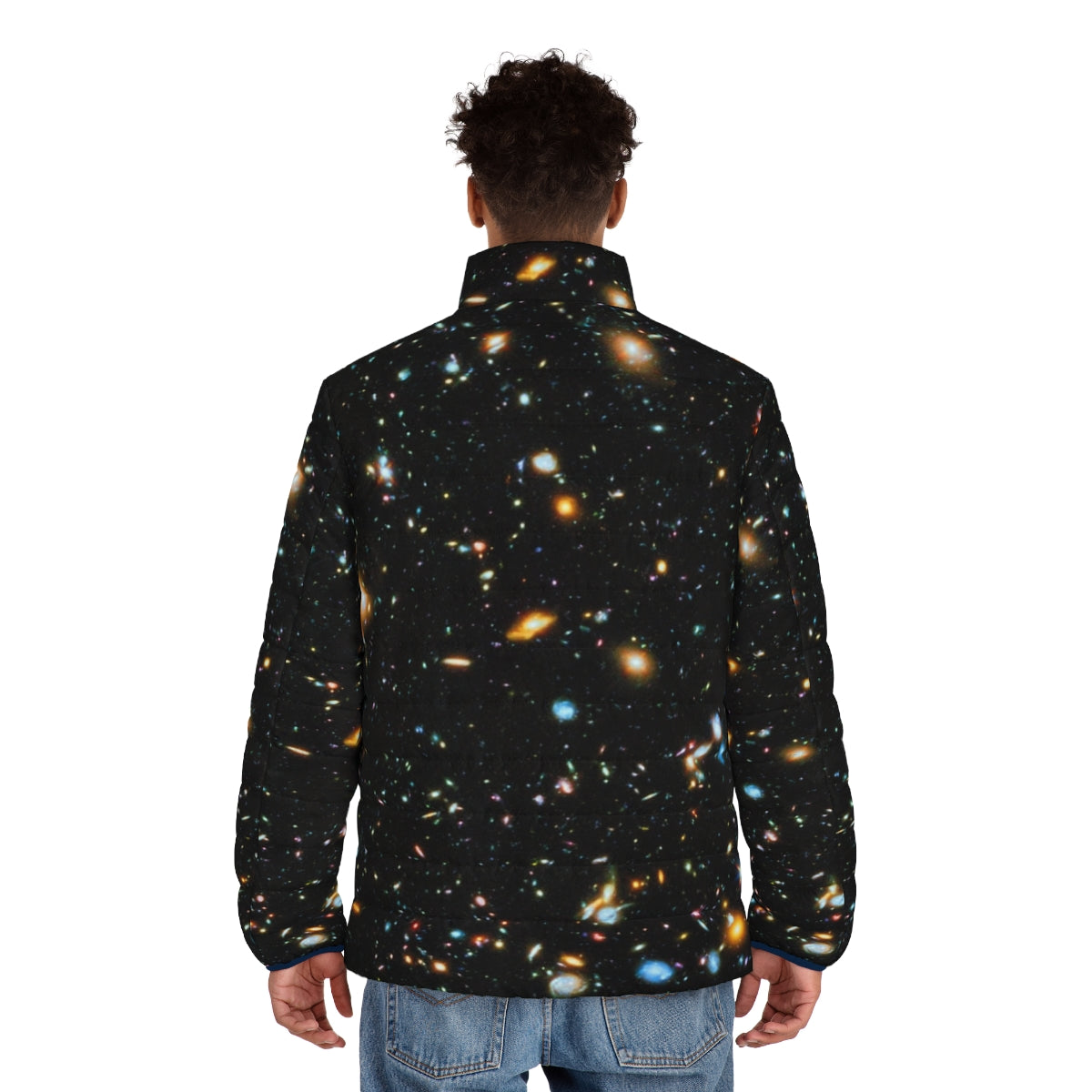 Hubble Extreme Deep Field inspired puffer jacket with star field design - men back