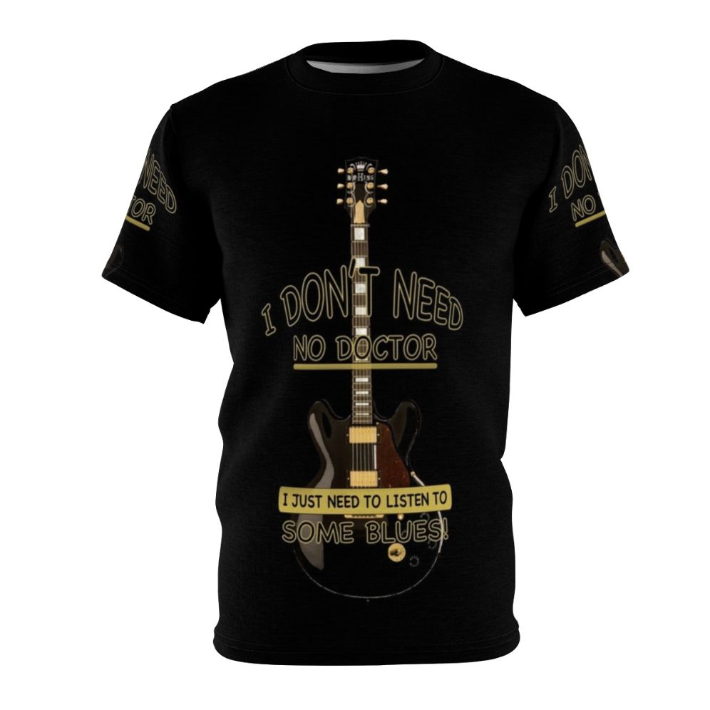 Vintage-inspired blues rock t-shirt with text "I Don't Need No Doctor"