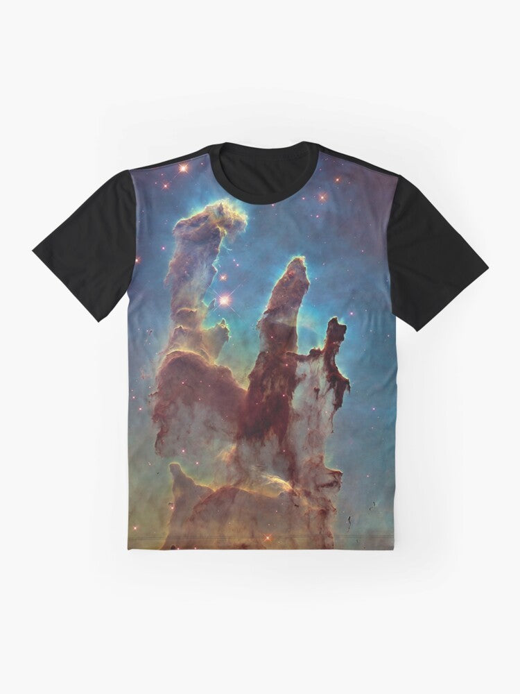 Pillars of Creation graphic t-shirt featuring the famous Hubble Space Telescope image of the Eagle Nebula - Flat lay