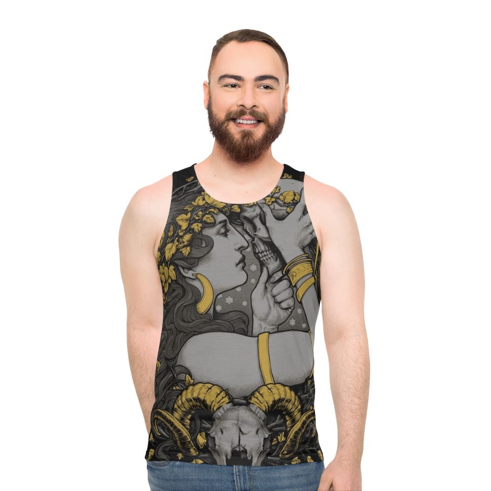 Unisex witch tank top with gothic botanical skull design - men