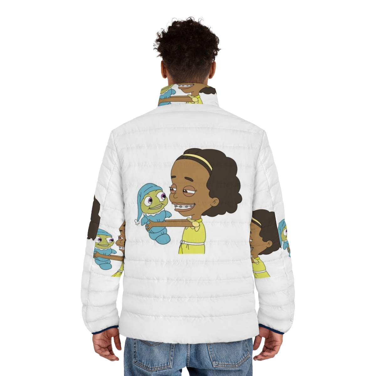 Big Mouth Puffer Jacket featuring the characters Missy and Mr Wiggles from the Netflix series Big Mouth - men back