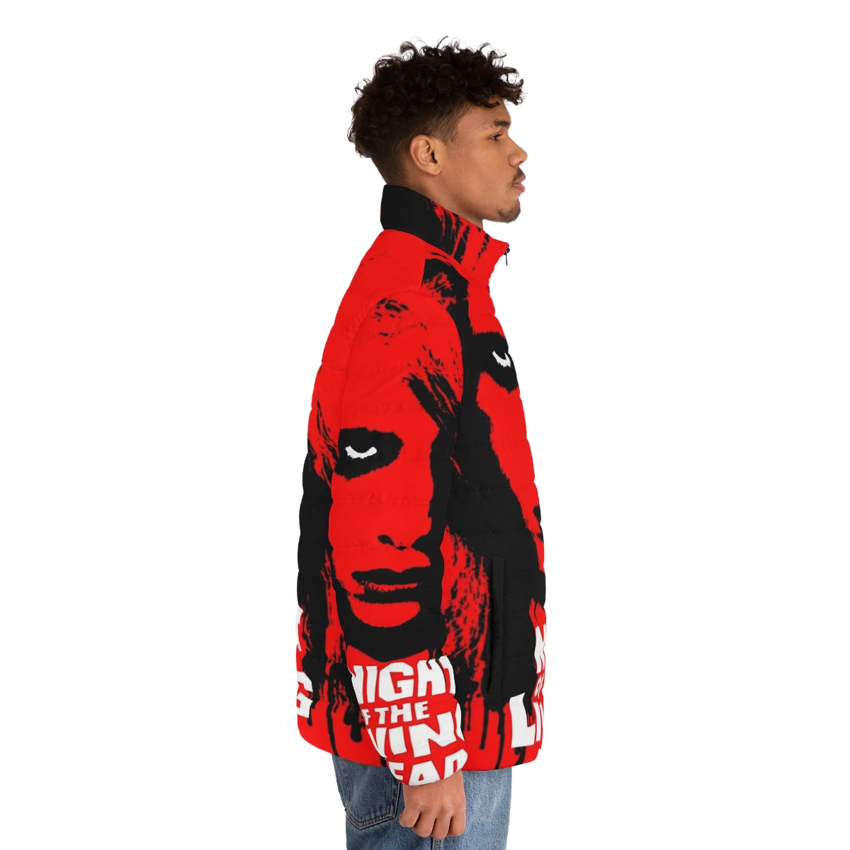 "Night of the Living Dead" inspired puffer jacket with zombie and horror movie graphics - men side right