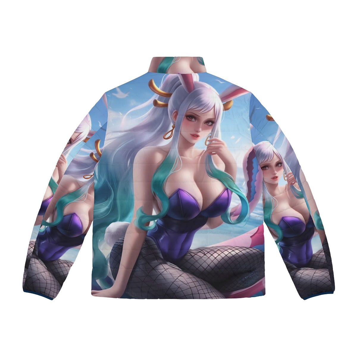 Anime-inspired bunny girl puffer jacket with oni princess design - Back