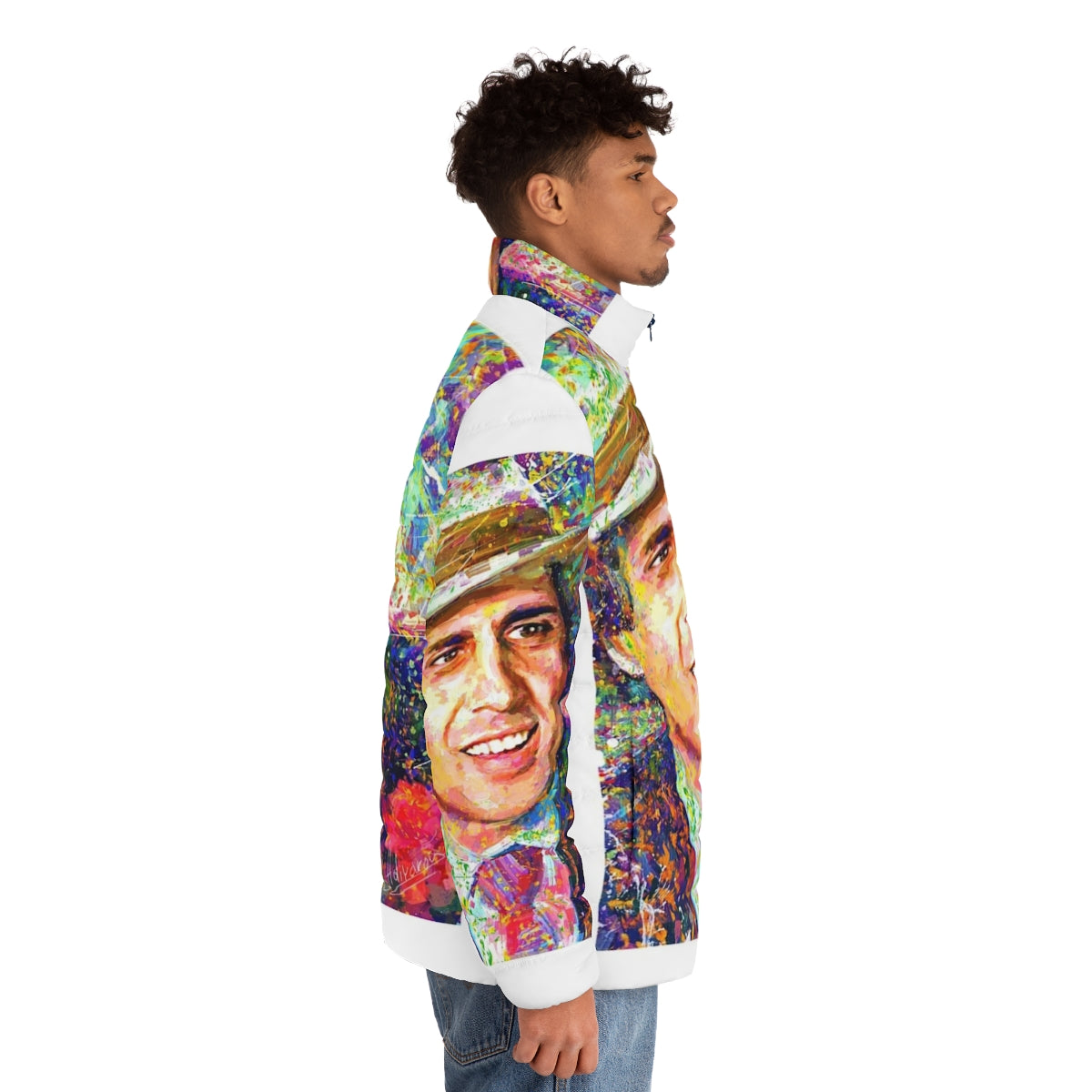 Adriano Celentano Dream Puffer Jacket - Impressionist Art Portrait - men side right