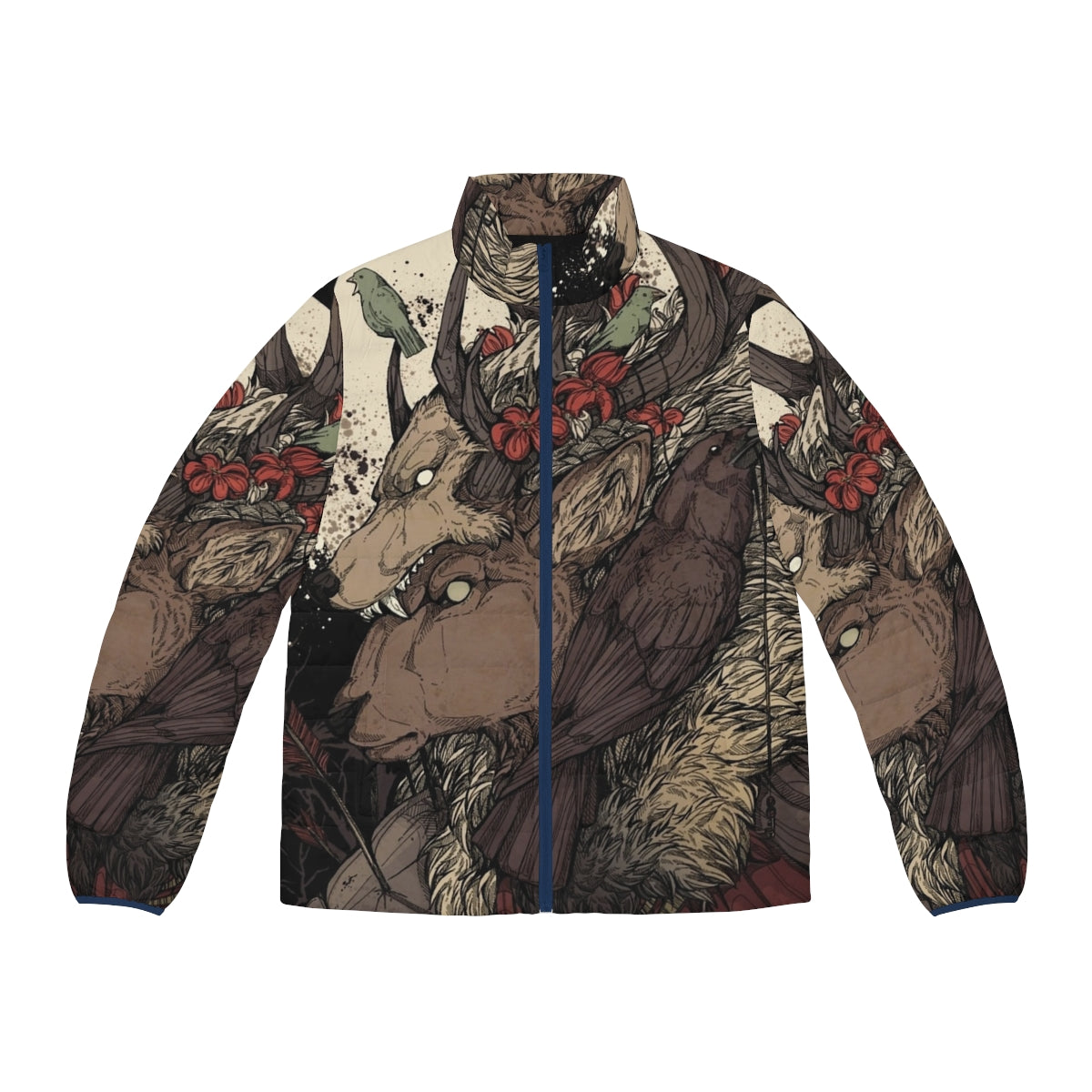 An image of a person wearing a puffer jacket with an elk design.