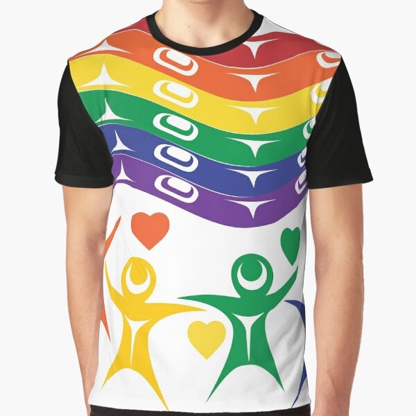 Colorful rainbow graphic t-shirt with the text "Pride Month" on a white background.