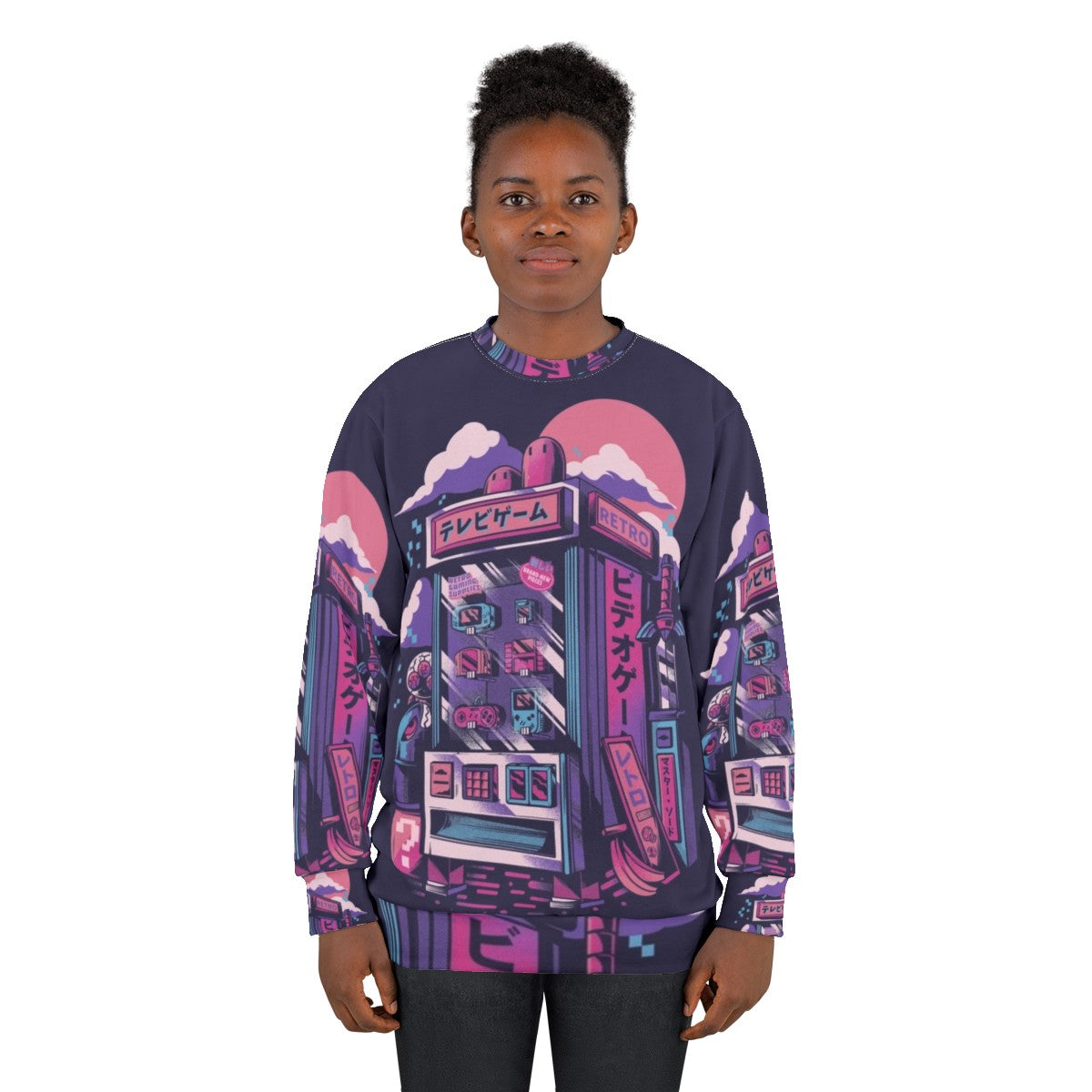 Vintage retro gaming sweatshirt with pixelated neon design - women