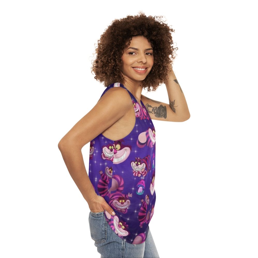 Cheshire cat and mushrooms fantasy unisex tank top - women side