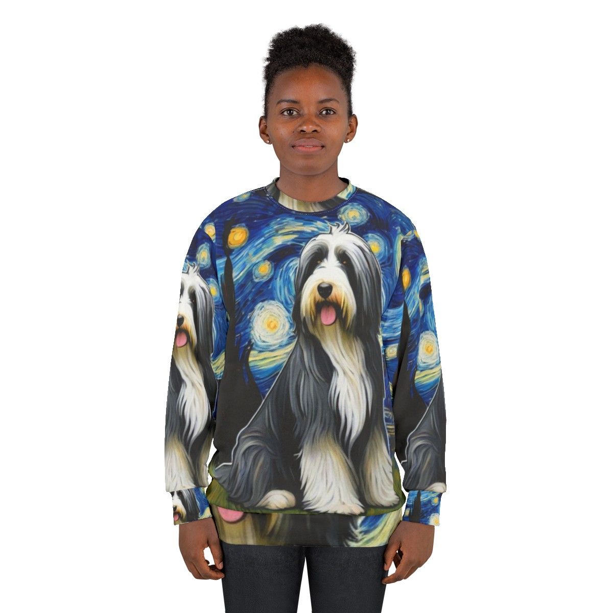 Bearded collie dog in starry night sweatshirt - women