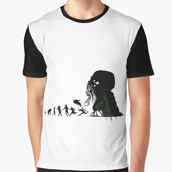 Lovecraftian evolution graphic t-shirt featuring a silhouette design of human figures transitioning into apes and elder entities, representing the cosmic horror themes of H.P. Lovecraft's works.