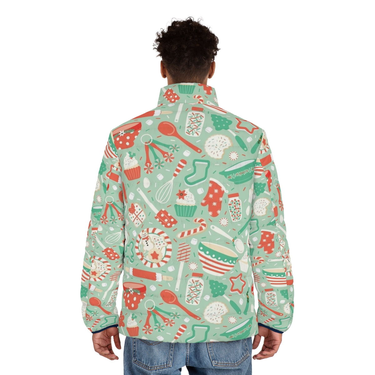 Christmas baking puffer jacket with festive holiday patterns and designs - men back