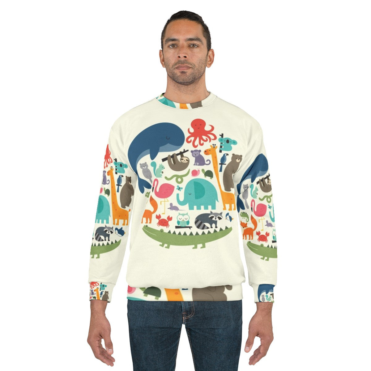 "We Are One" ethical animal print sweatshirt featuring various wildlife animals - men