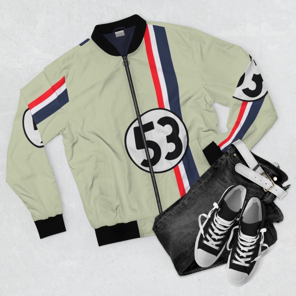 Retro bomber jacket featuring Herbie the Love Bug, a classic Volkswagen Beetle from the Disney film - Flat lay