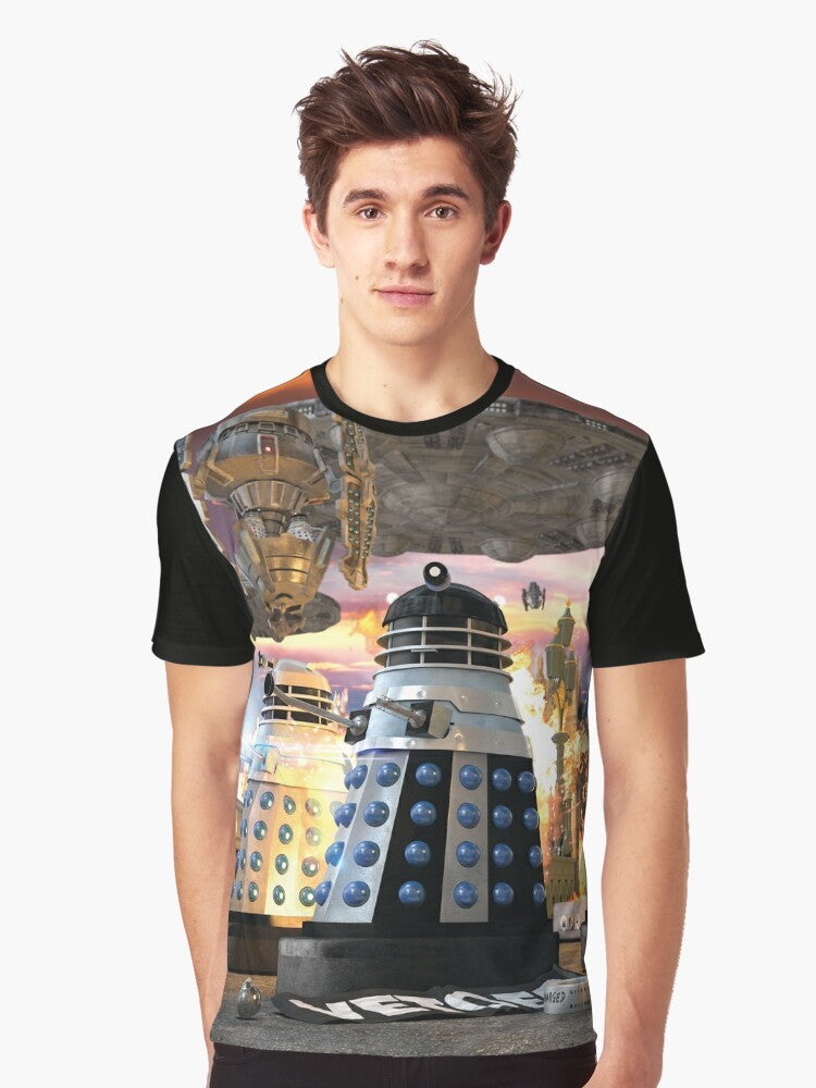 Graphic t-shirt with a striped design featuring the iconic Daleks from the sci-fi series invading Earth - Men