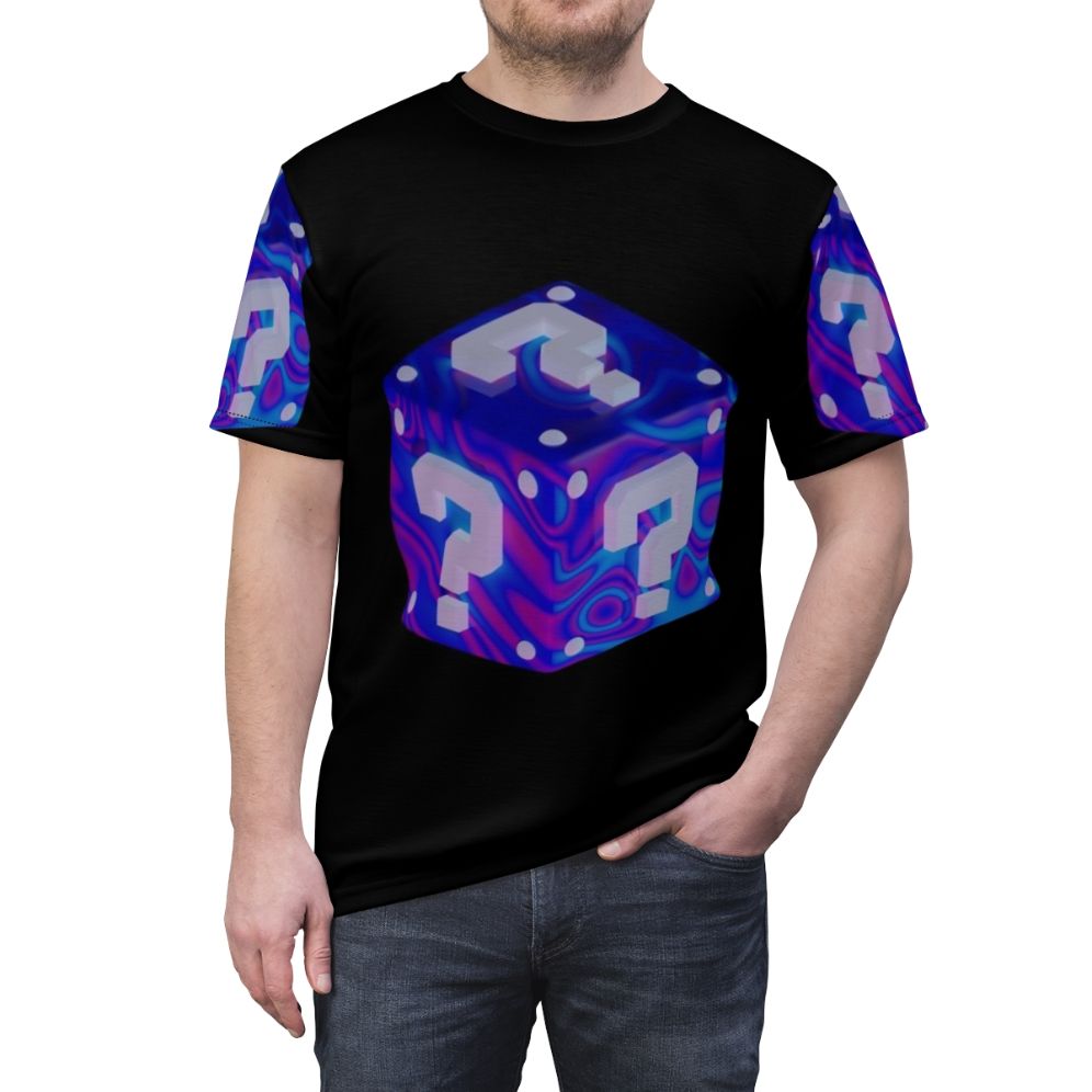 A white t-shirt featuring a vibrant, psychedelic-inspired abstract design in bold colors. - men front