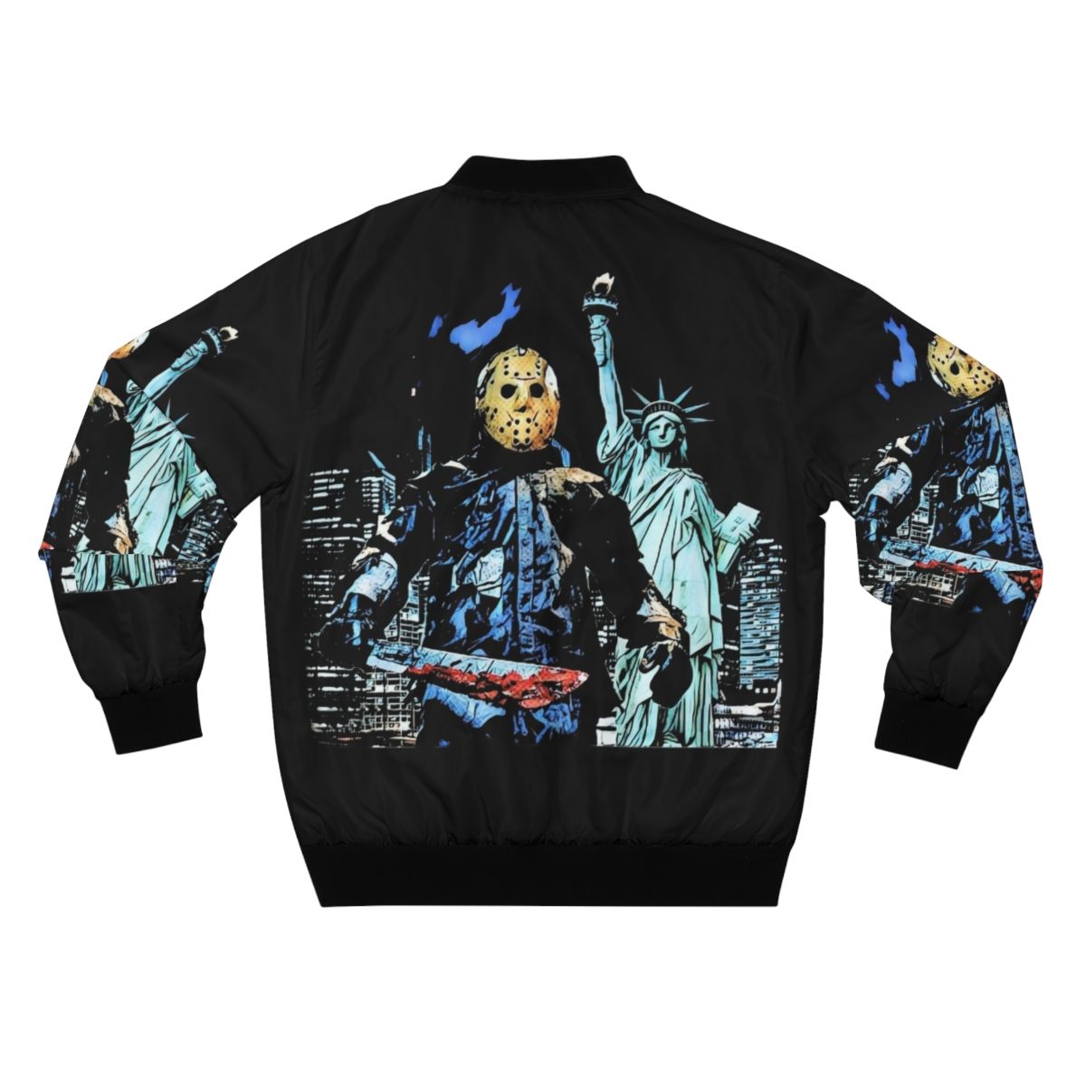 Horror movie inspired "Jason Takes Manhattan" bomber jacket featuring Friday the 13th character - Back