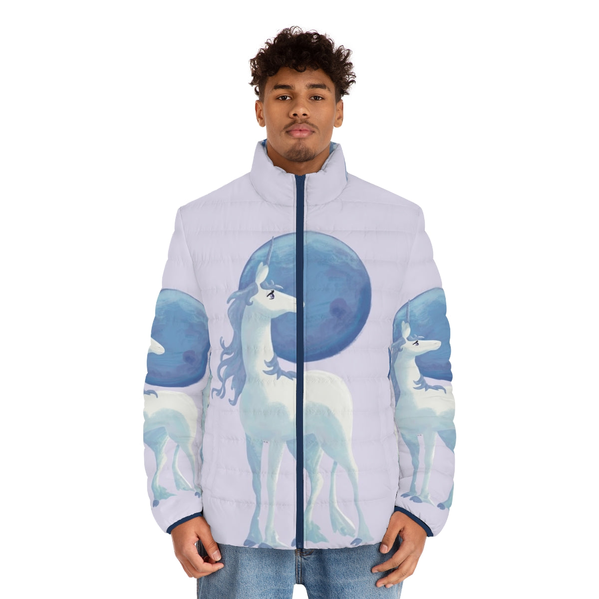 The Last Unicorn Puffer Jacket with a mythical creature design - men front