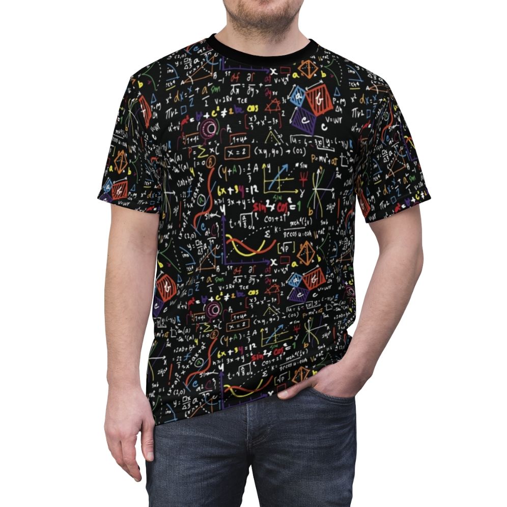 Mathematically Minded All Over Print T-Shirt featuring various math equations and formulas - men front