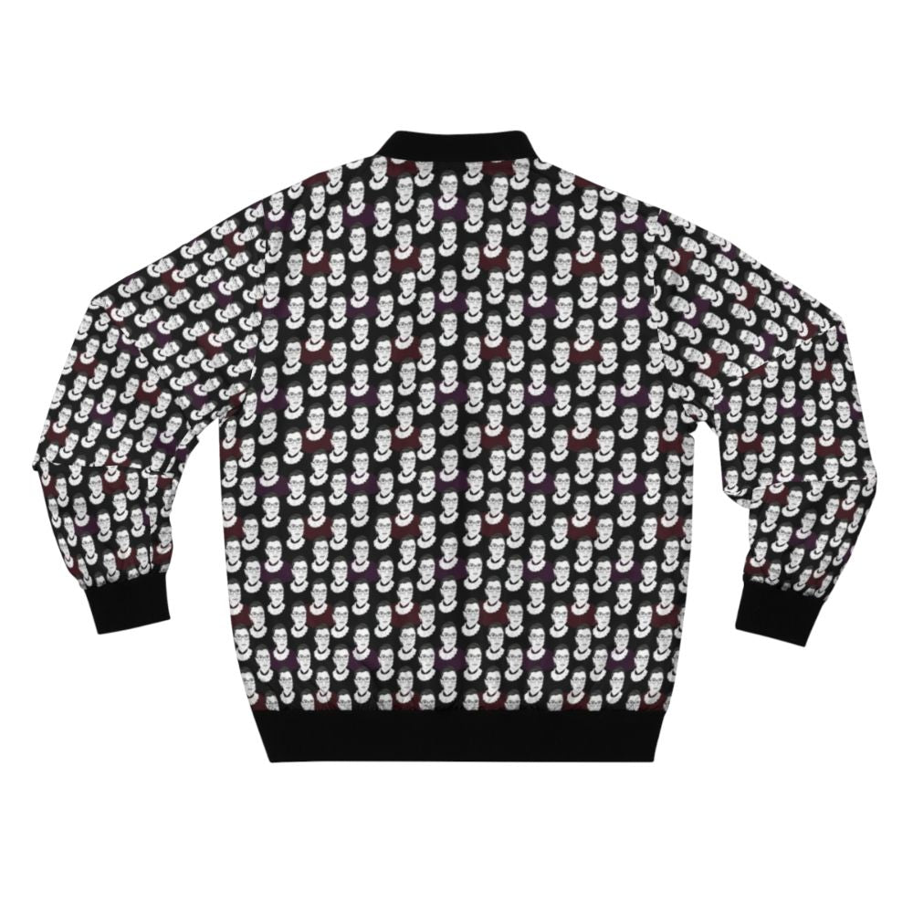 Bomber jacket featuring a bold, colorful pattern inspired by the legacy of Ruth Bader Ginsburg, the renowned Supreme Court justice and feminist icon. - Back