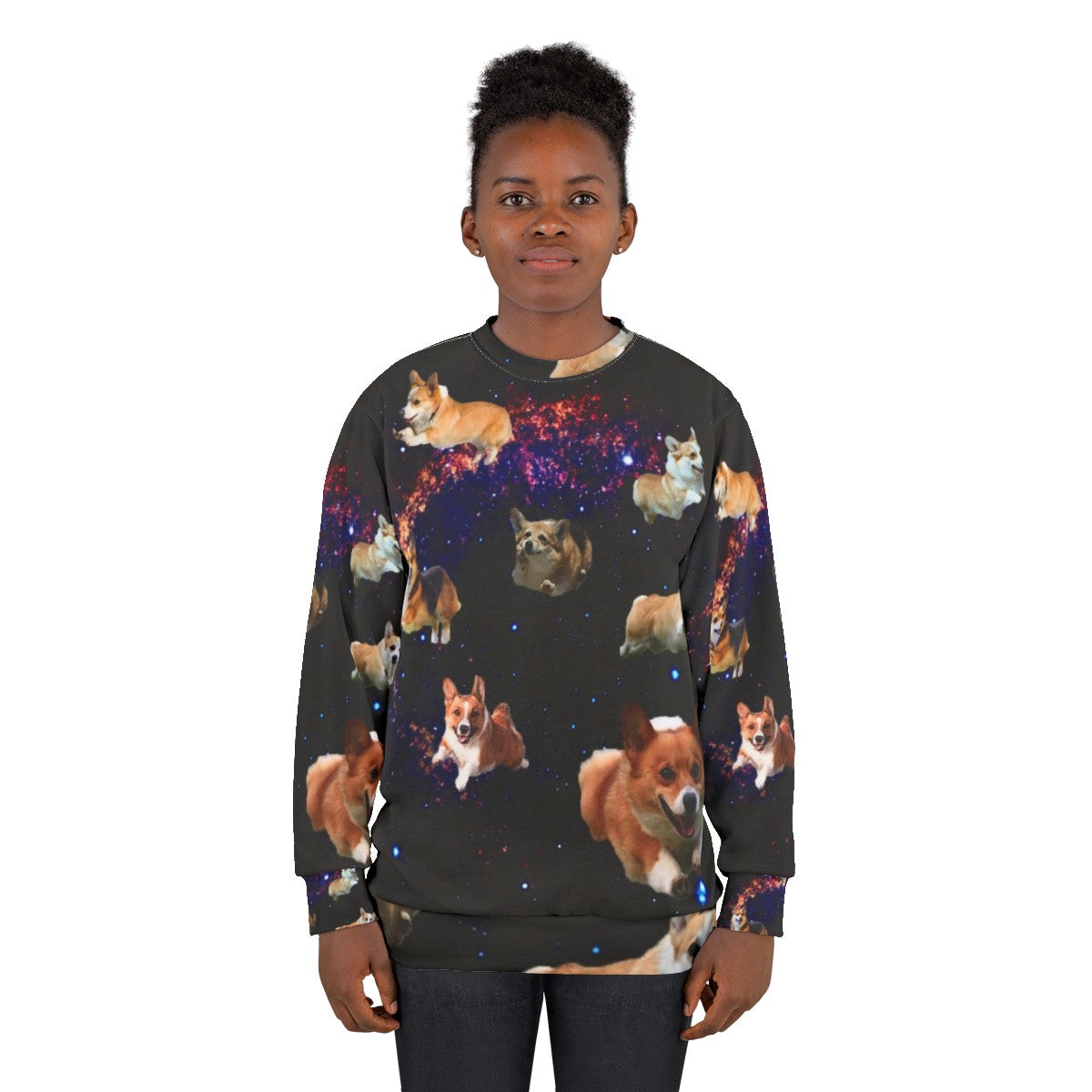 Space Corgis Sweatshirt featuring a trippy, celestial design with a cute corgi - women