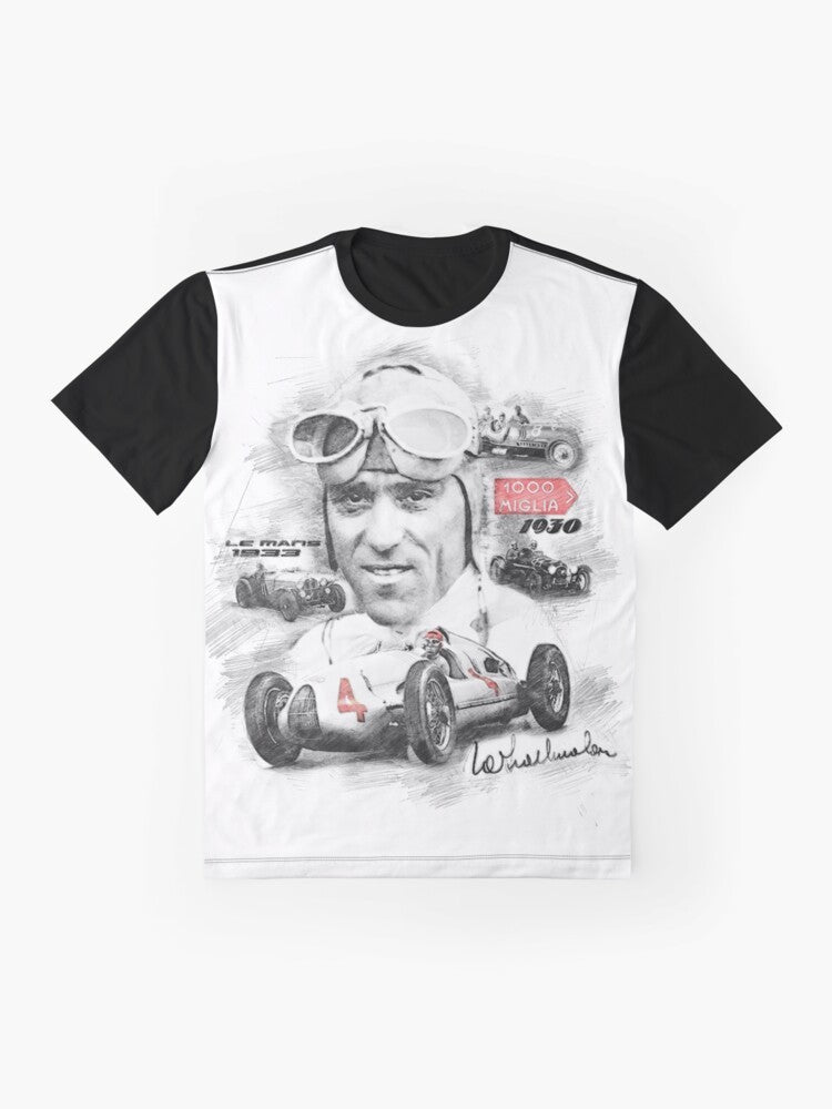 Vintage motorsports graphic t-shirt featuring legendary racing driver Tazio Nuvolari - Flat lay