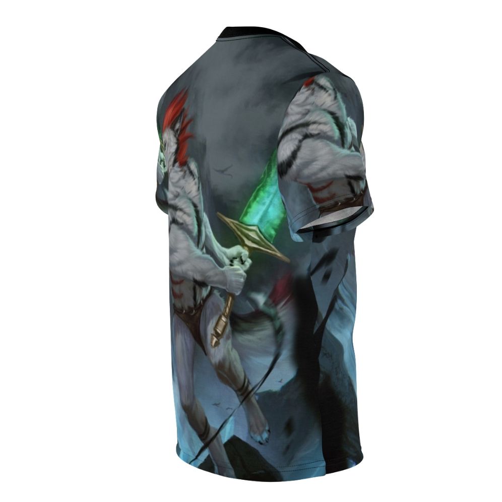 Captivating digital art t-shirt featuring an anthro wolf in a fantasy battle scene. - men right