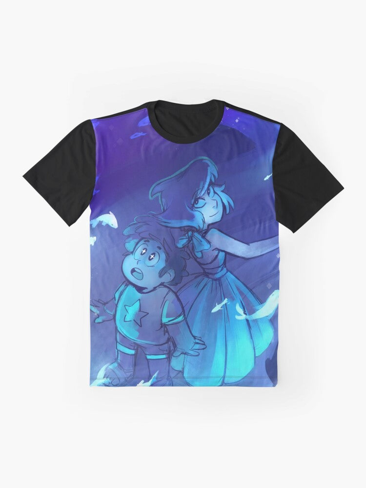 Lapis Lazuli from Steven Universe using her hydrokinetic powers to control water in the shape of fish on a graphic t-shirt design - Flat lay