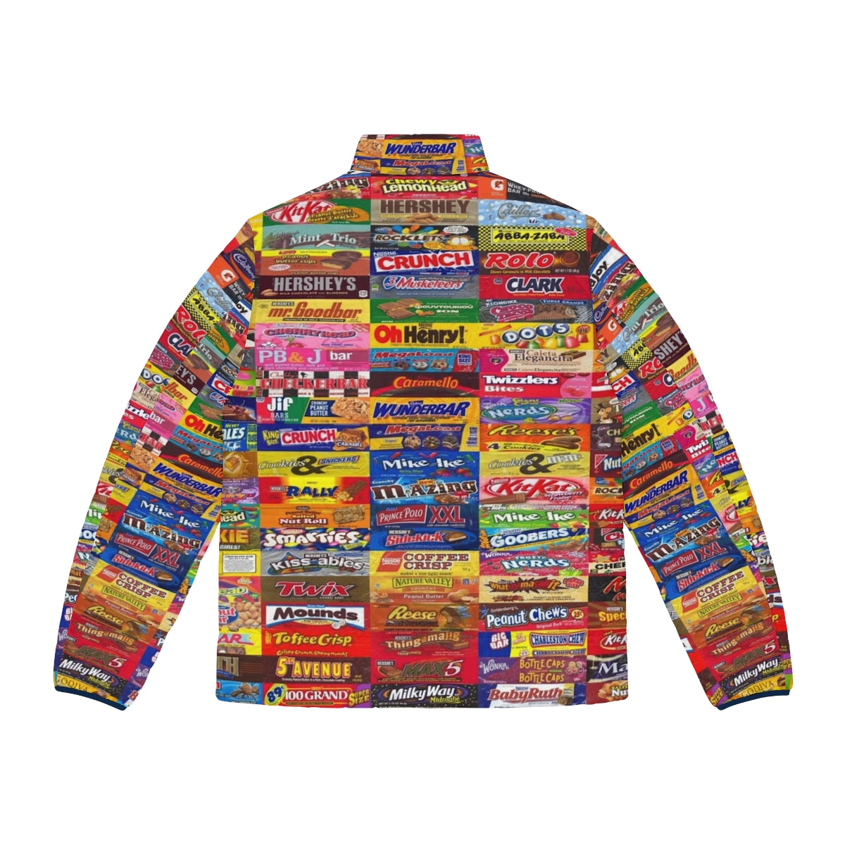 Colorful candy wrapper puffer jacket with a vibrant and unique design - Back