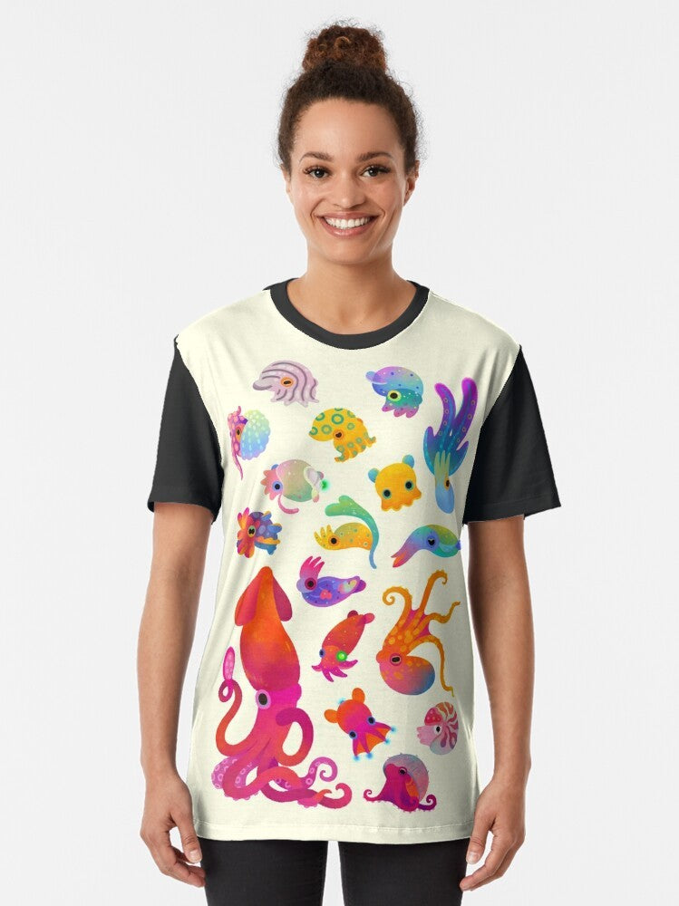 Cephalopod marine life graphic t-shirt featuring various sea creatures like squid, octopus, and cuttlefish - Women