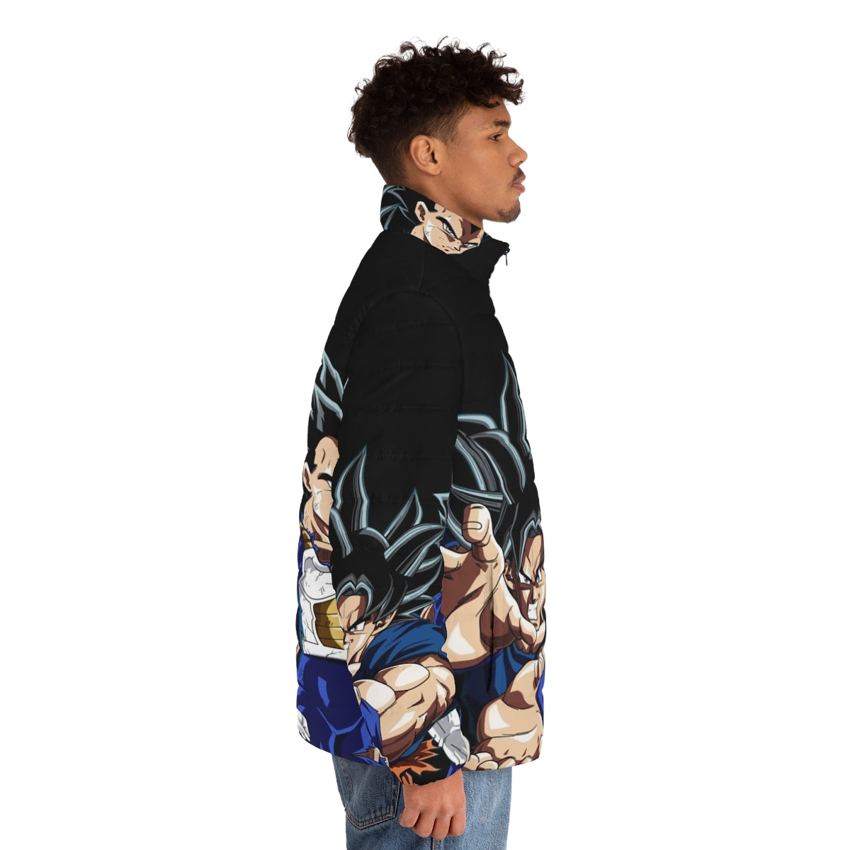 Goku The Strongest Saiyan Puffer Jacket featuring the iconic Dragon Ball Super anime character - men side right