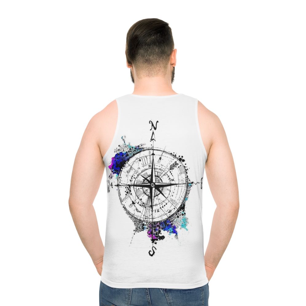 Unisex tank top with wanderlust compass design and world map - men back