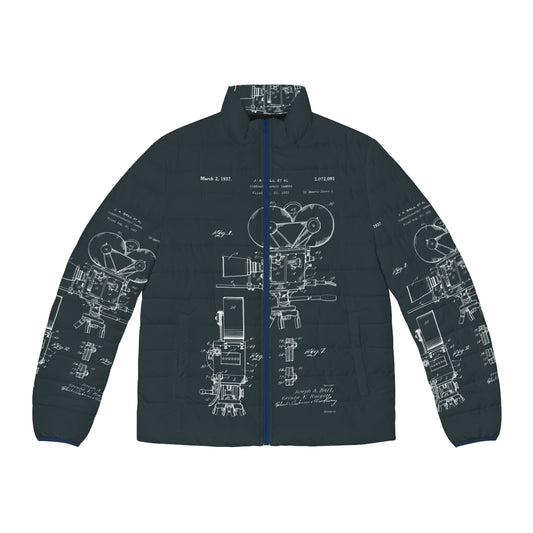 Vintage 1930s film camera patent drawings on a puffer jacket