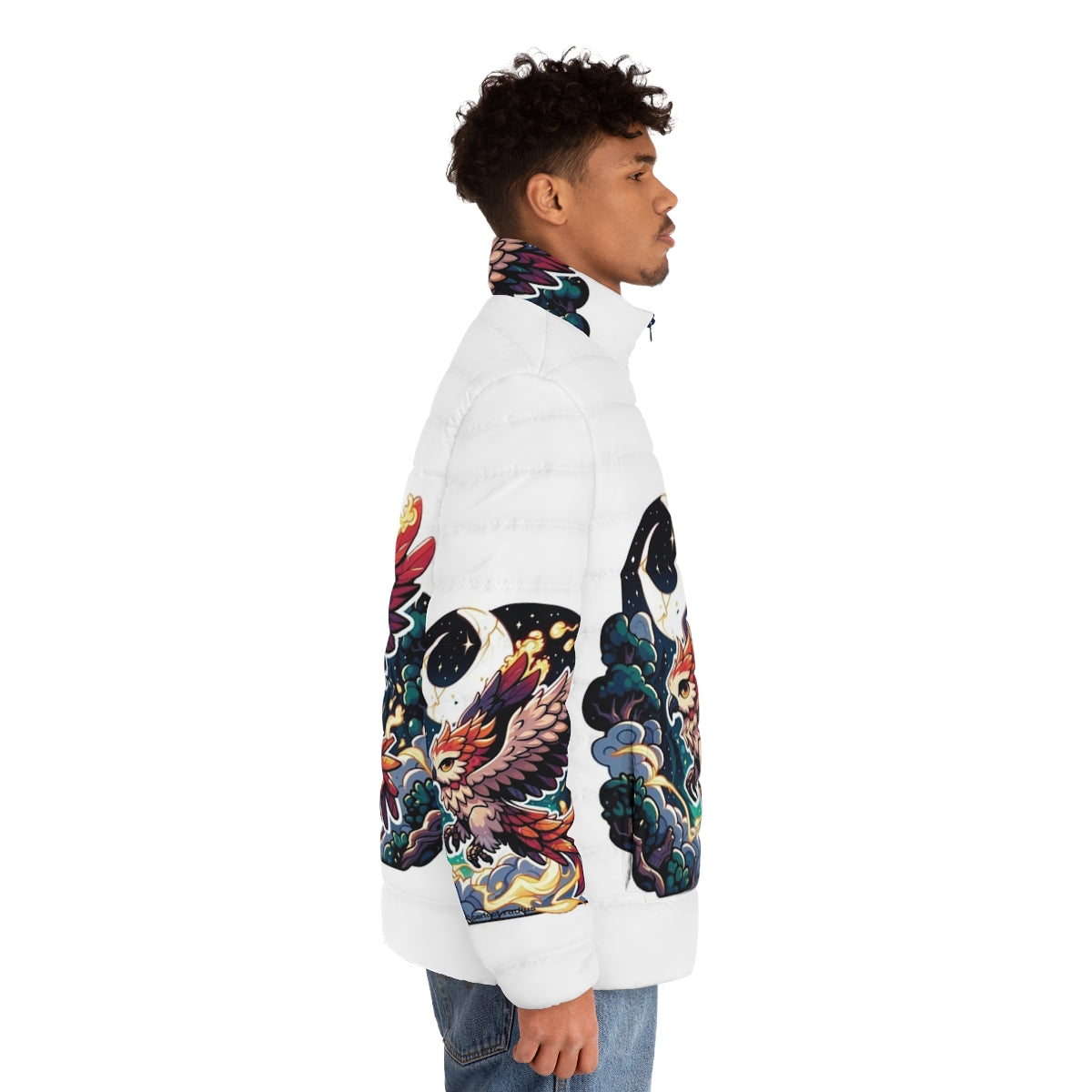 Mythical phoenix and thunderhawk design on a cozy fantasy puffer jacket - men side right