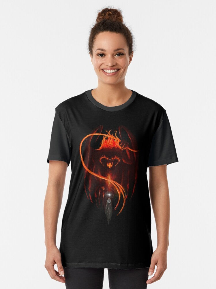 Balrog graphic t-shirt featuring a dark, powerful creature from the Lord of the Rings universe - Women