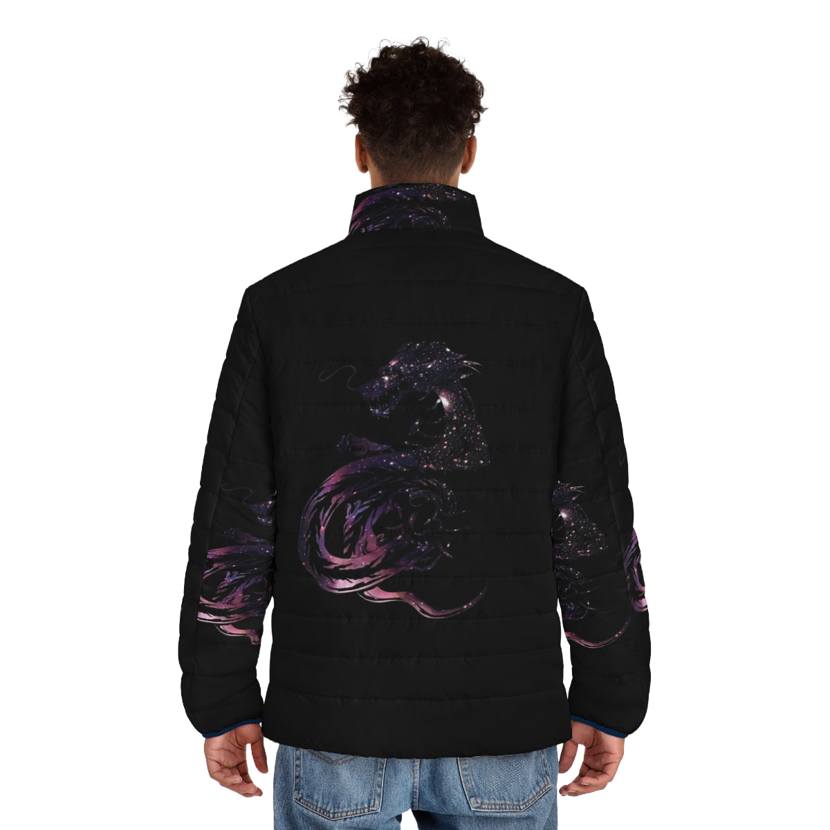 Legendary Cosmic Dragon Puffer Jacket featuring a mythical dragon design - men back