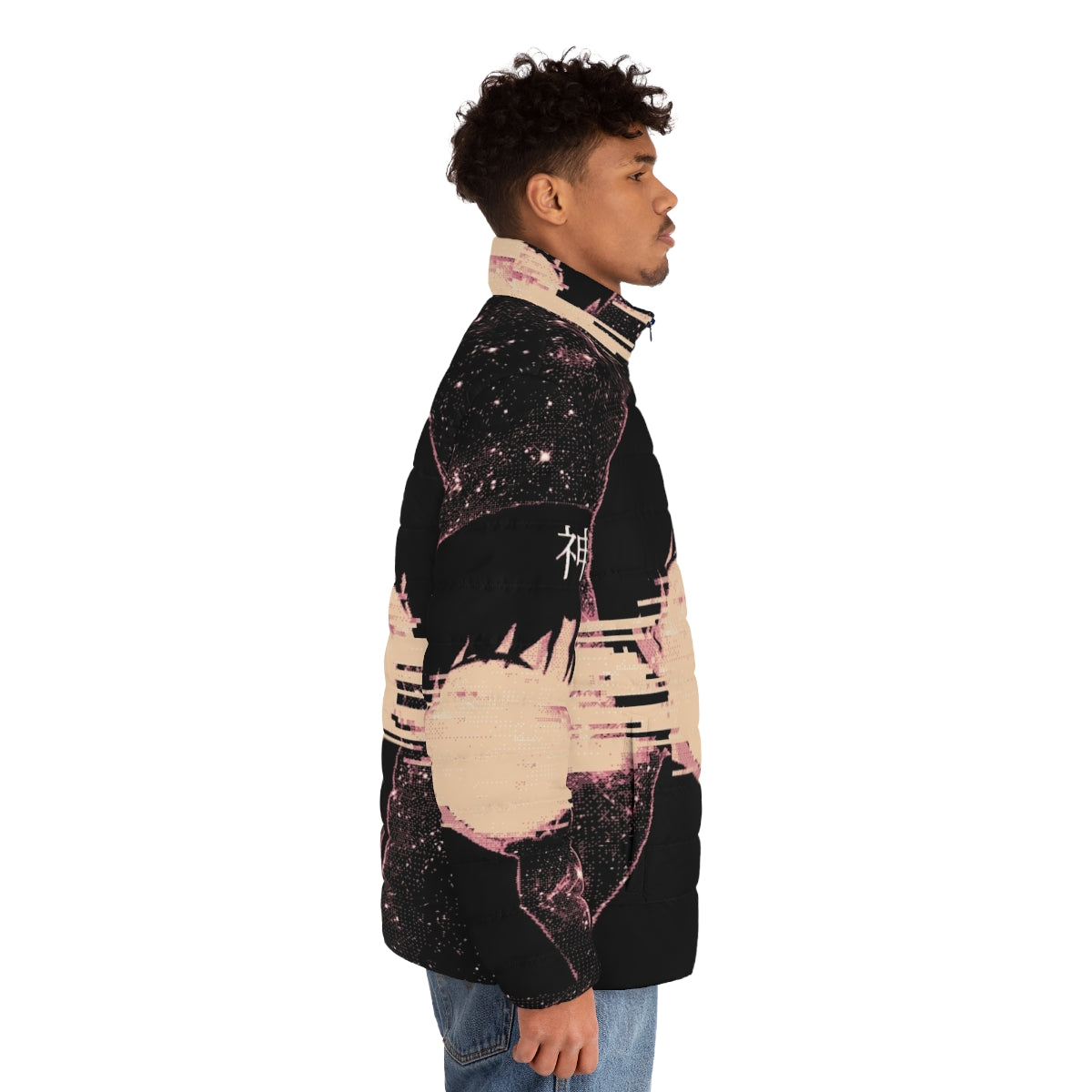 Wired God Futuristic Puffer Jacket with space, stars, and glitch art design - men side right