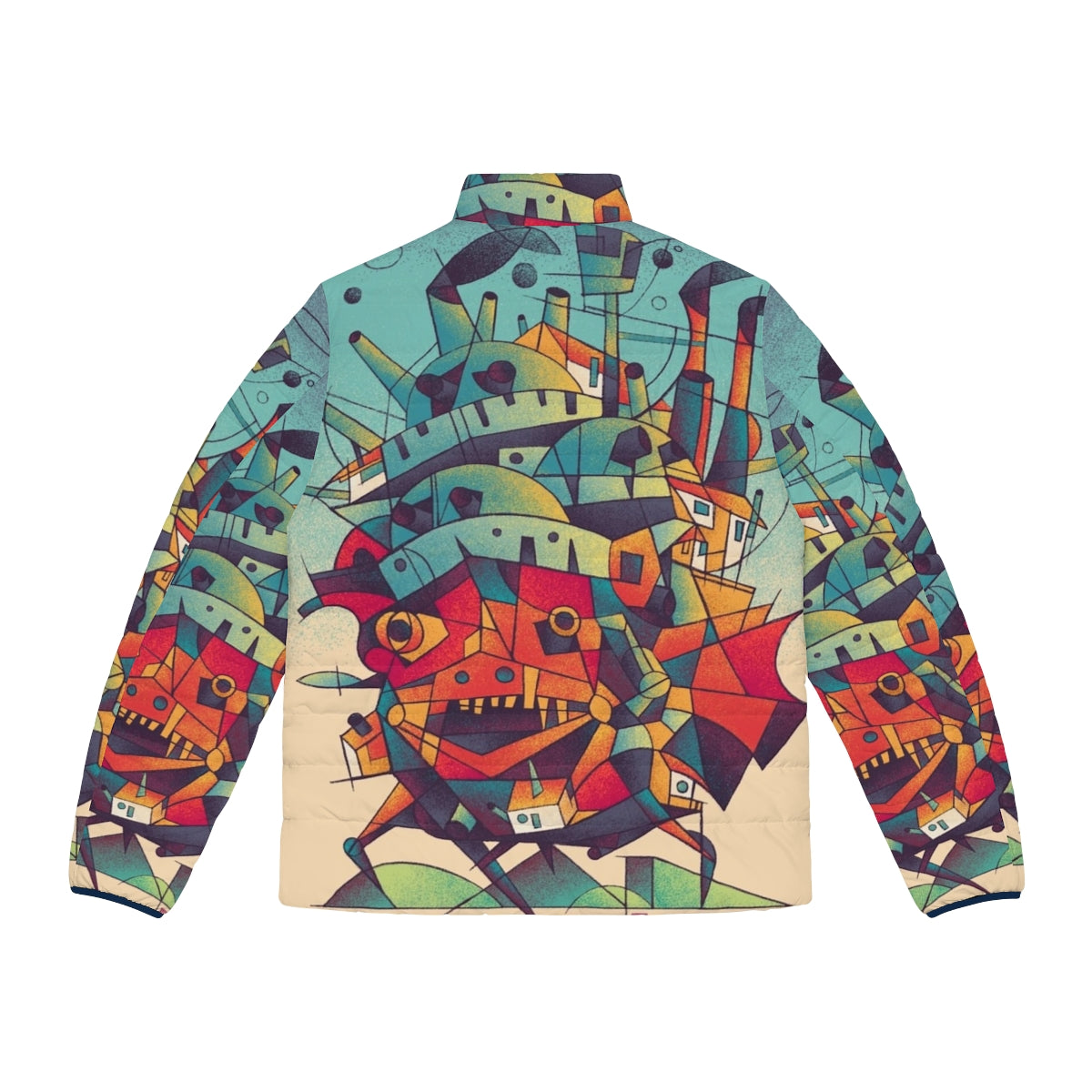 Moving Castle Anime Puffer Jacket featuring cubist and fantasy design - Back