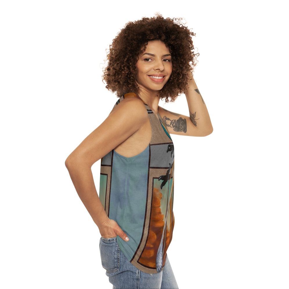 Feathered velociraptor dinosaur unisex tank top - women side