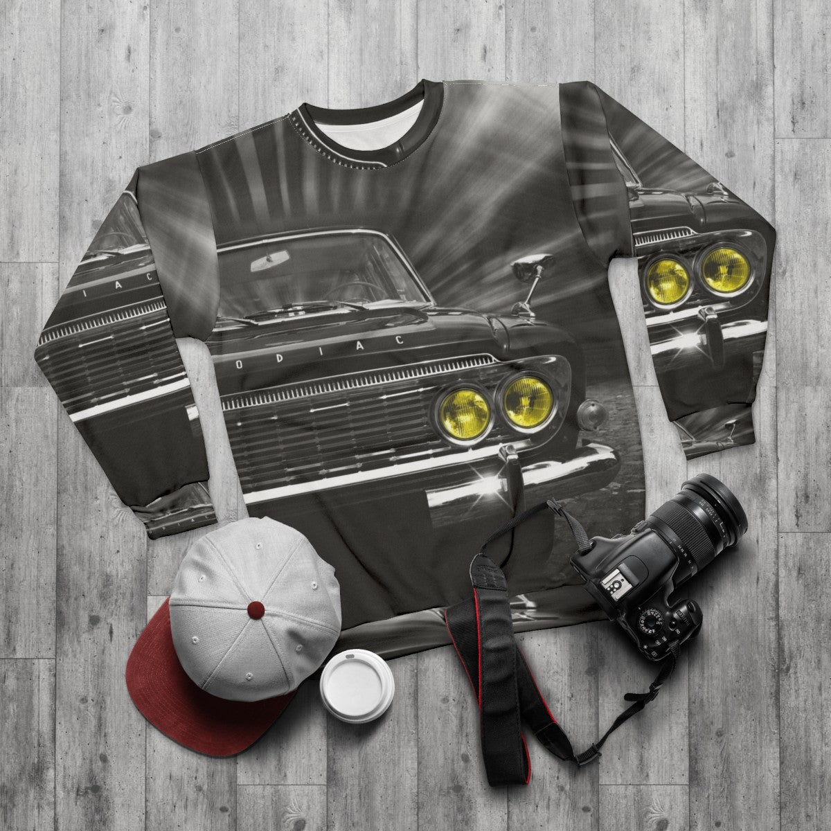 Vintage Zodiac Sweatshirt with Classic Ford Zephyr Car - flat lay