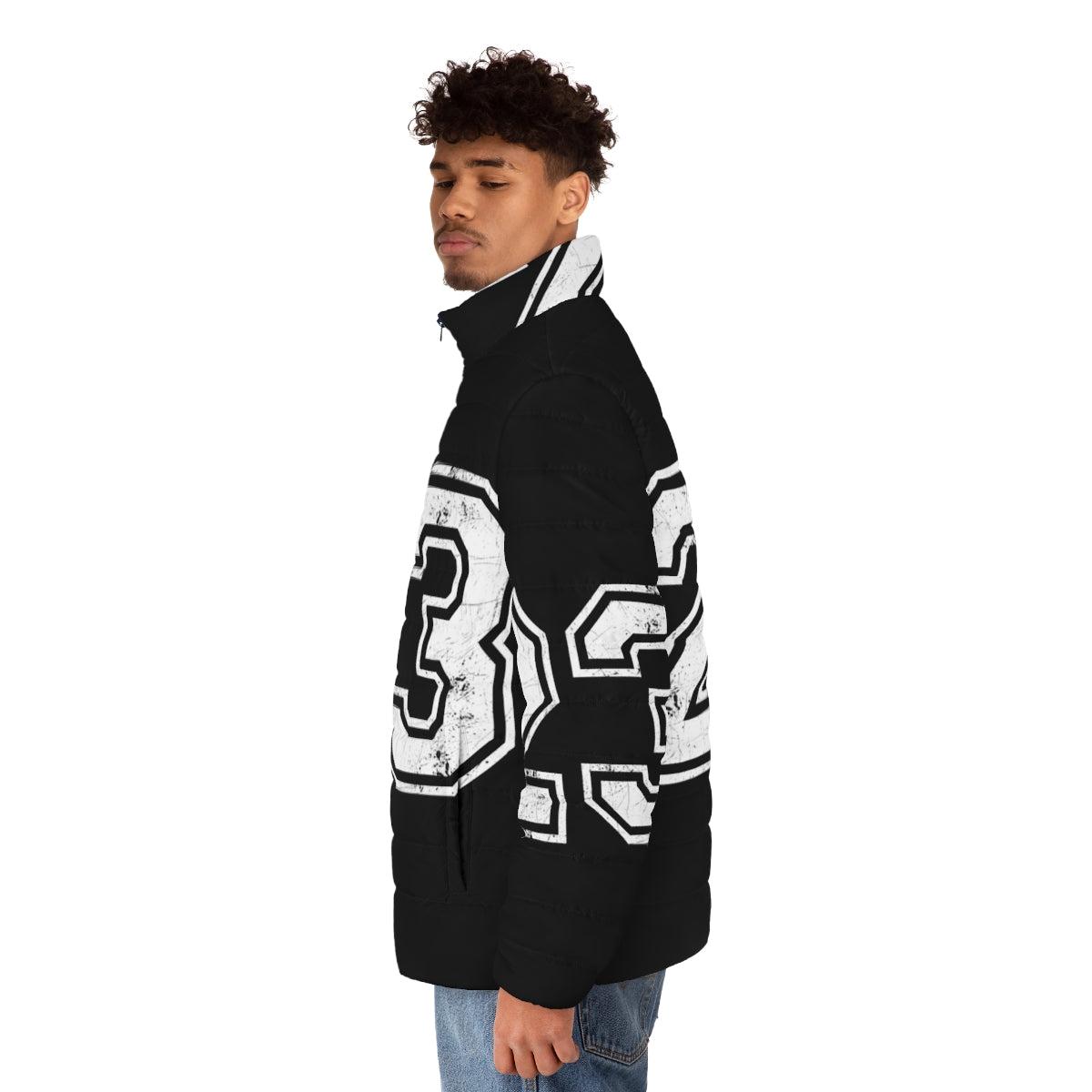 Man wearing number 23 basketball jersey sports puffer jacket - men side left