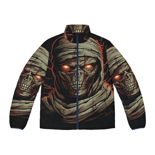 A puffer jacket with a dark, ominous design featuring a menacing mummy with glowing red eyes and sharp, decayed teeth.