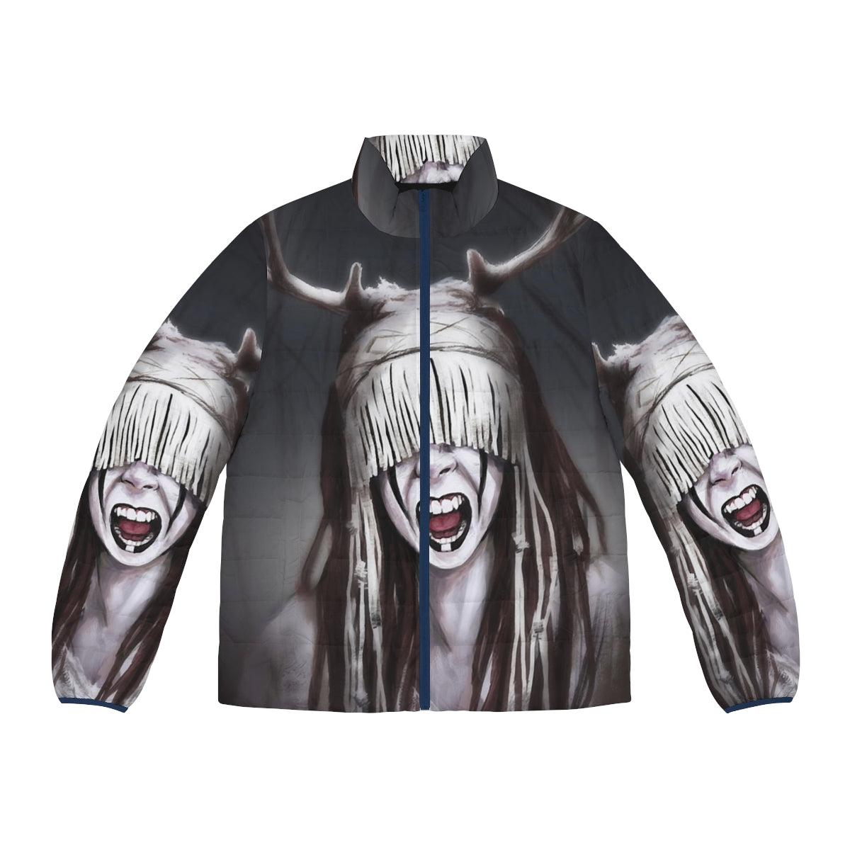 Heilung band metal puffer jacket featuring the band's logo and imagery