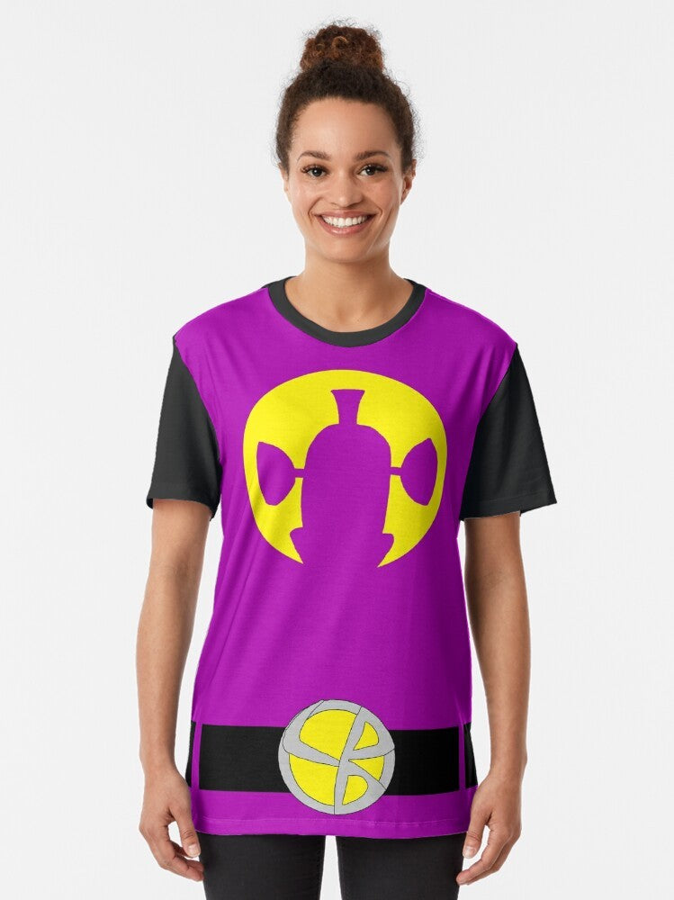 LarryBoy, the superhero character from Veggietales, featured on a purple and yellow graphic t-shirt. - Women