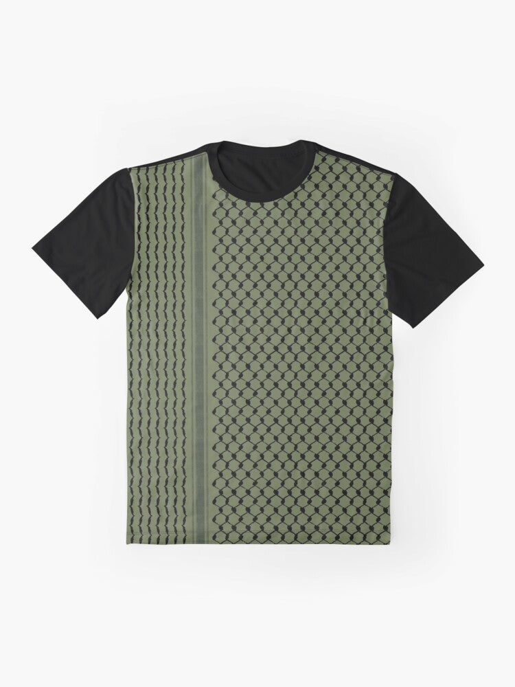 Palestinian Hatta Kufiya folk pattern graphic t-shirt with traditional keffiyeh design - Flat lay