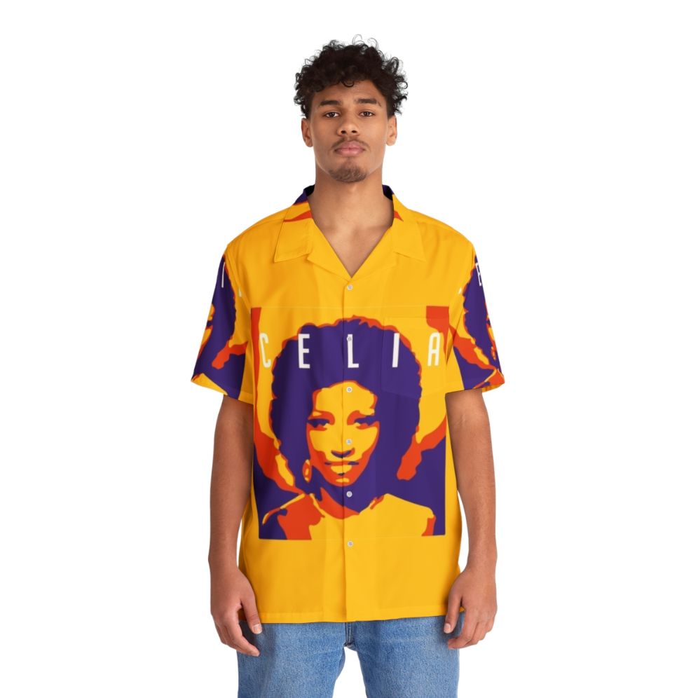 Celia Cruz inspired Hawaiian-style shirt with vibrant tropical colors and patterns - People Front